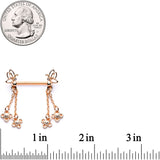 9/16 Clear Gem Rose Gold Tone Butterfly Dangle Barbell Nipple Ring Set