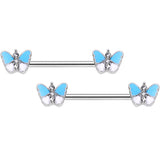 14G Blue White Inlay Butterfly BCR Barbell Nipple Ring Set of 4