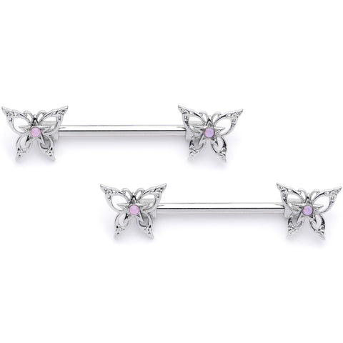 14G 9/16 Pink Faux Opal Lacy Butterfly Barbell Nipple Ring Set