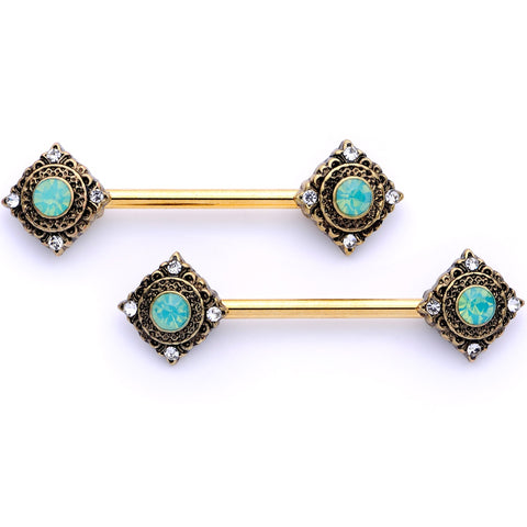 14G 9/16 Clear Gem Green Faux Opal Gold Tone Barbell Nipple Set