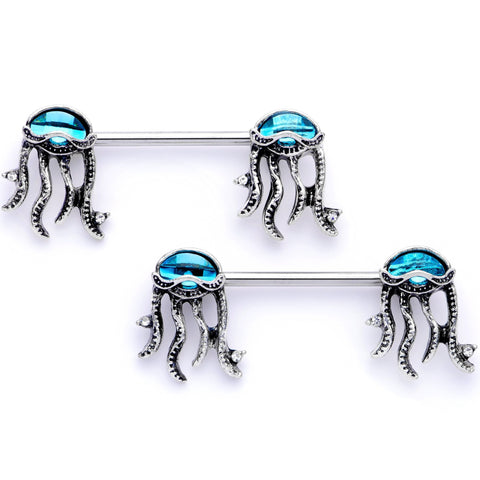14G 9/16 Clear Blue Gem Jellyfish Barbell Nipple Ring Set