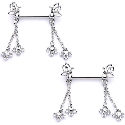 9/16 Clear Gem Butterfly Dangle Barbell Nipple Ring Set