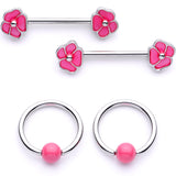 14G 9/16 1/2 Pink Flower Glow BCR Barbell Nipple Ring Set