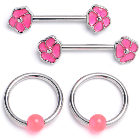 14G 9/16 1/2 Pink Flower Glow BCR Barbell Nipple Ring Set