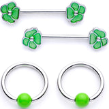 14G 9/16 1/2 Green Flower BCR Barbell Nipple Ring Set