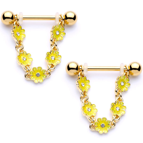 9/16 Clear Gem Gold Tone Yellow Glow Flower Nipple Ring Set