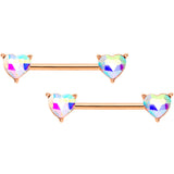 14G Aurora Gem Rose Gold Tone Heart BCR Barbell Nipple Ring Set