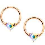 14G Aurora Gem Rose Gold Tone Heart BCR Barbell Nipple Ring Set