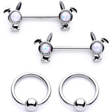 14G 9/16 1/2 White Faux Opal Bunny BCR Barbell Nipple Ring Set