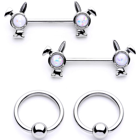 14G 9/16 1/2 White Faux Opal Bunny BCR Barbell Nipple Ring Set