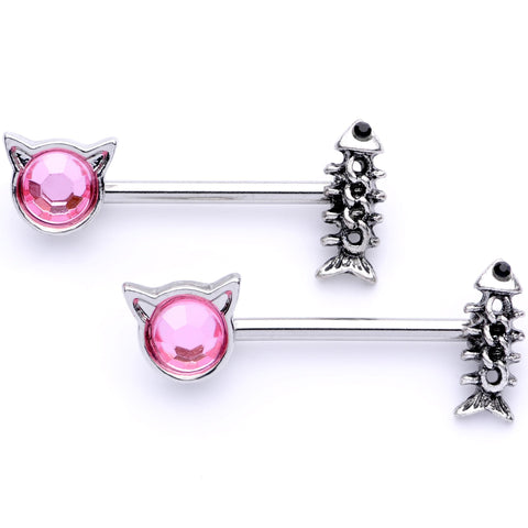 14G 9/16 Pink Black Gem Hungry Kitty Cat Barbell Nipple Ring Set