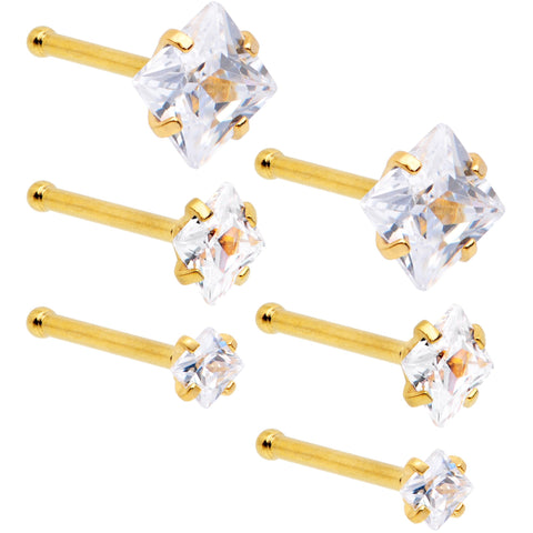20G 1/4 Clear Square Gem Gold Tone Nose Bone Set of 6