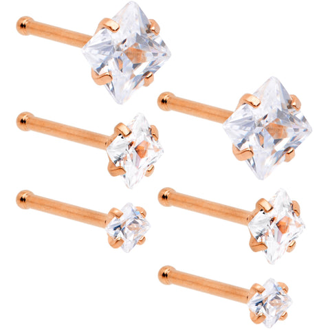 20G 1/4 Clear Square Gem Rose Gold Tone Nose Bone Set of 6