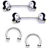 14G 9/16 1/2 Winter Penguins Horseshoe Barbell Nipple Ring Set