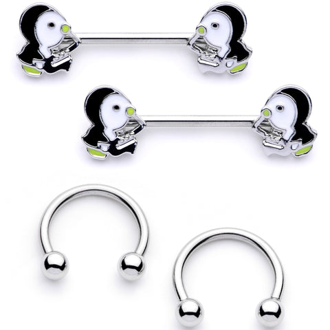 14G 9/16 1/2 Winter Penguins Horseshoe Barbell Nipple Ring Set