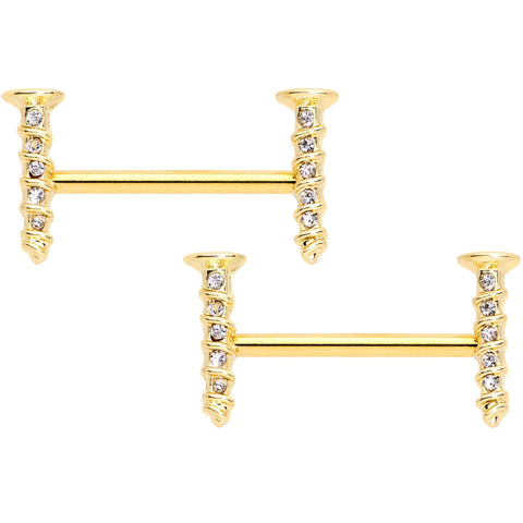 14G Clear Gem Gold Tone Screw Barbell Nipple Ring Set