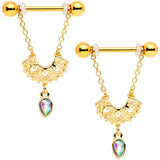 14G 9/16 Aurora Gem Gold Tone Fan Dangle Barbell Nipple Ring Set