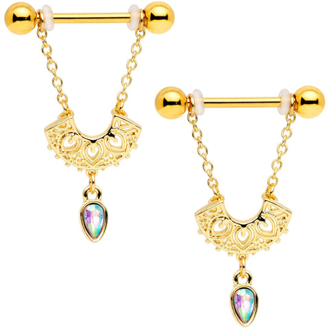 14G 9/16 Aurora Gem Gold Tone Fan Dangle Barbell Nipple Ring Set