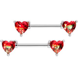 14G 9/16 Red Tourmaline Heart Barbell Nipple Ring Set