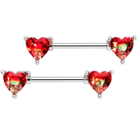 14G 9/16 Red Tourmaline Heart Barbell Nipple Ring Set
