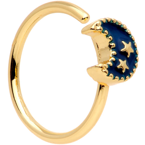 20G 5/16 Gold Tone Blue Crescent Moon and Stars Nose Hoop