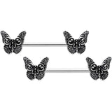 14G 9/16 Death Head Butterfly Barbell Nipple Ring Set