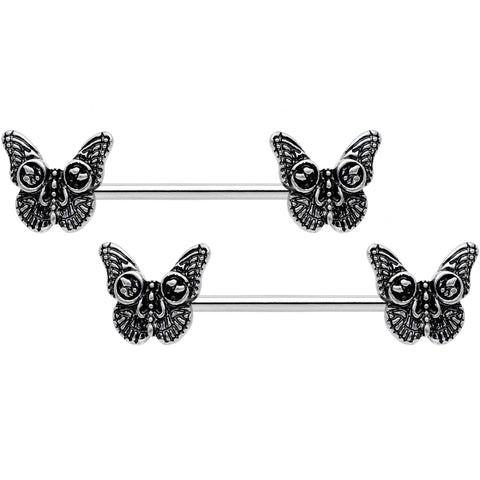 14G 9/16 Death Head Butterfly Barbell Nipple Ring Set