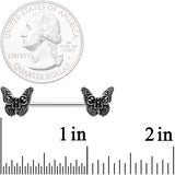 14G 9/16 Death Head Butterfly Barbell Nipple Ring Set