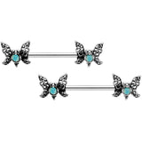 14G 9/16 Green Faux Opal Lacy Butterfly Barbell Nipple Ring Set