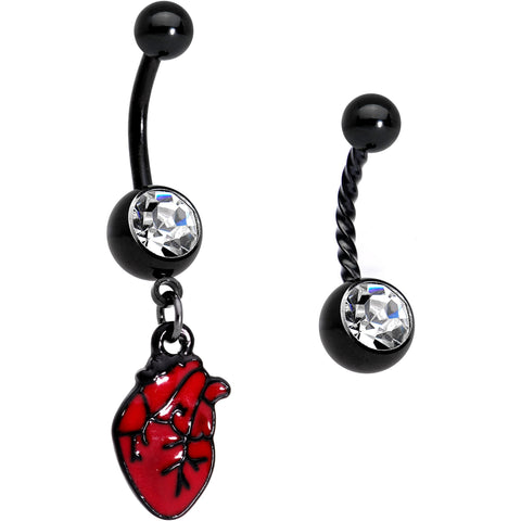 Clear Gem Black Twisted Red Anatomical Heart Belly Ring Set of 2