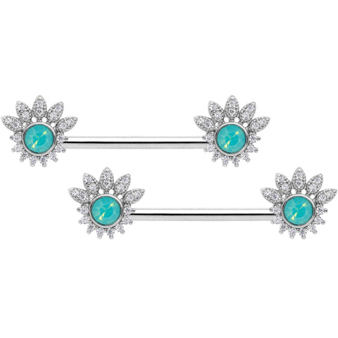 14G Clear CZ Gem Green Faux Opal Crest Barbell Nipple Ring Set