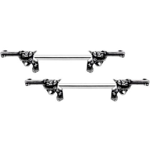 14G 9/16 Clear Gem Western Revolver Gun Barbell Nipple Ring Set