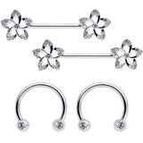 14G Clear Gem White Flower Horseshoe Barbell Nipple Ring Set of 4