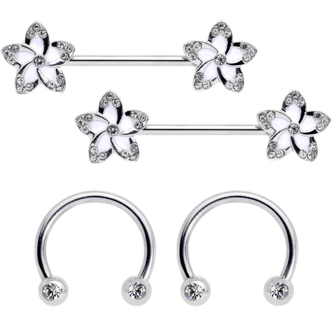 14G Clear Gem White Flower Horseshoe Barbell Nipple Ring Set of 4