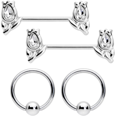 14G 7/16 1/2 Clear Gem Flowers BCR Barbell Nipple Ring Set of 4
