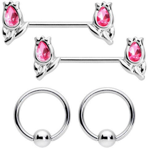 14G 7/16 1/2 Pink Gem Flowers BCR Barbell Nipple Ring Set of 4