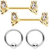 14G Clear Gem Gold Tone Flowers BCR Barbell Nipple Ring Set