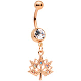 Clear Aurora Gem Rose Gold Tone Maple Leaf Dangle Belly Ring Set of 4
