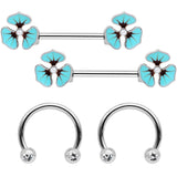 14G Clear Gem Blue Flower Horseshoe Barbell Nipple Ring Set of 4