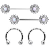 14G 9/16 1/2 White Faux Opal Horseshoe Barbell Nipple Ring Set