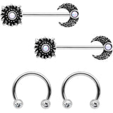 14G 9/16 Clear Gem Sun Moon Horseshoe Barbell Nipple Ring Set
