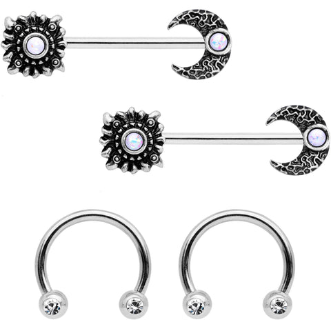14G 9/16 Clear Gem Sun Moon Horseshoe Barbell Nipple Ring Set