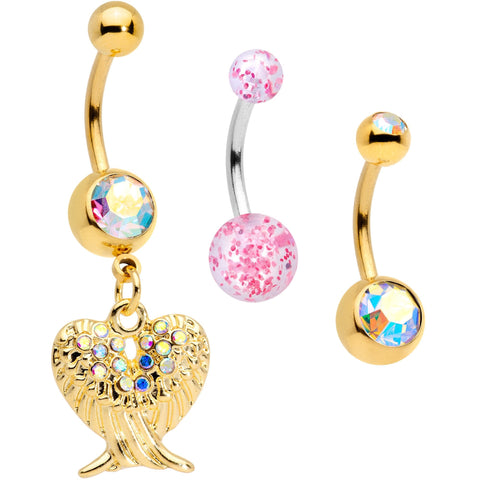 Aurora Gem Gold Tone Angel Wings Pink Confetti Belly Ring Set of 3