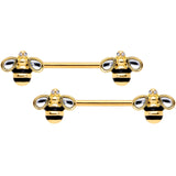 14G 9/16 Clear Gem Gold Tone Bumblebee Bling Nipple Ring Set