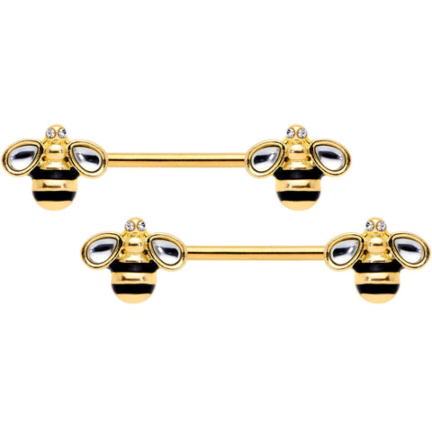 14G 9/16 Clear Gem Gold Tone Bumblebee Bling Nipple Ring Set