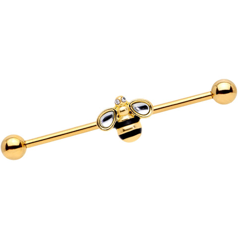 14G Clear Gem Gold Tone Bumblebee Bling Industrial Barbell 38mm