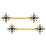 14G 9/16 Aqua Green Gem Gold Tone Star Barbell Nipple Ring Set