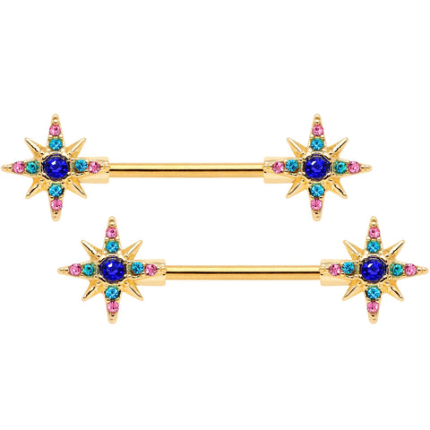 14G 9/16 Aqua Green Gem Gold Tone Star Barbell Nipple Ring Set