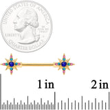 14G 9/16 Aqua Green Gem Gold Tone Star Barbell Nipple Ring Set