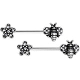 14G 5/8 Clear Gem Bee and Blossom Barbell Nipple Ring Set